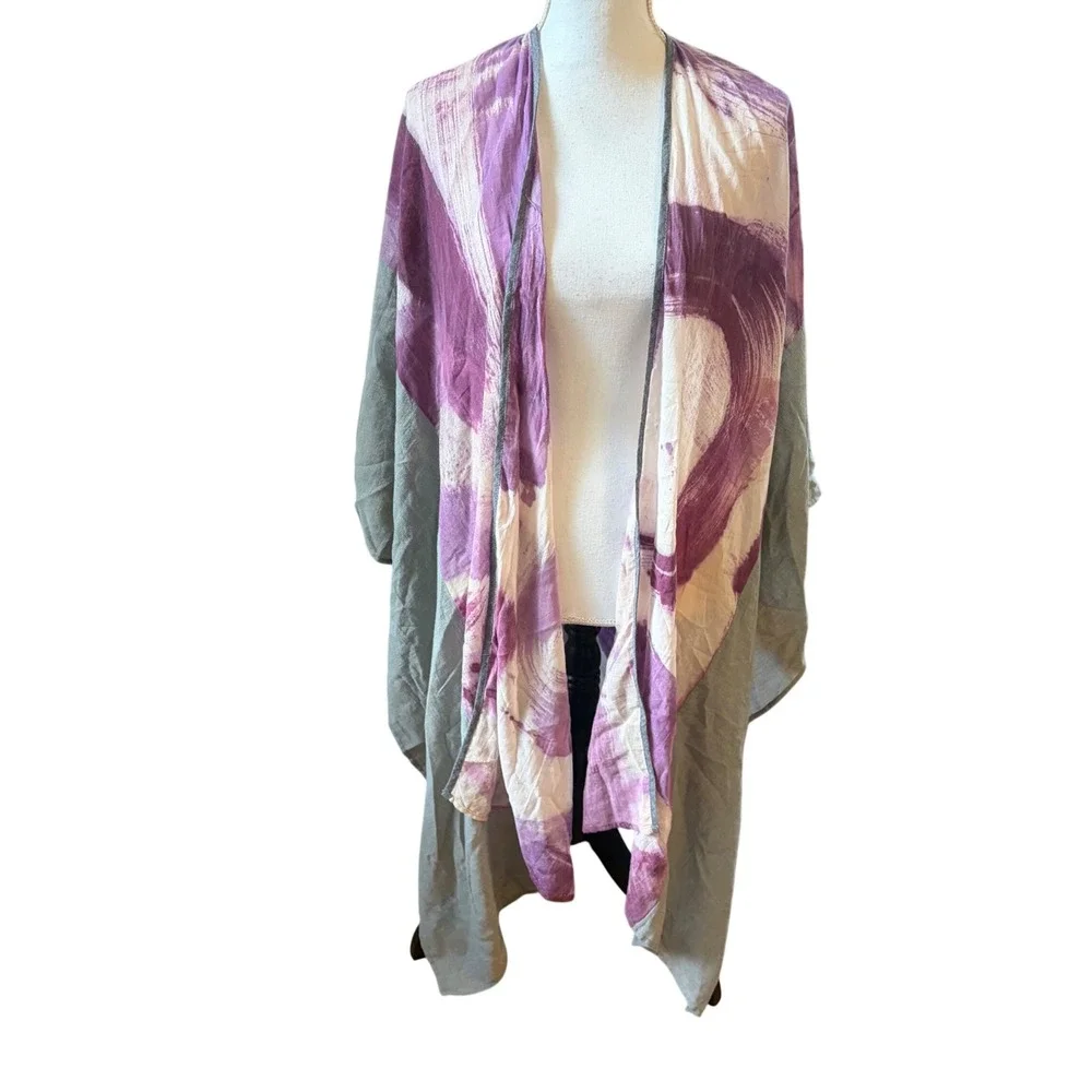 NWT Sucesos Hand Painted Cotton Kimono Wrap Purple Green Boho Artsy One Size